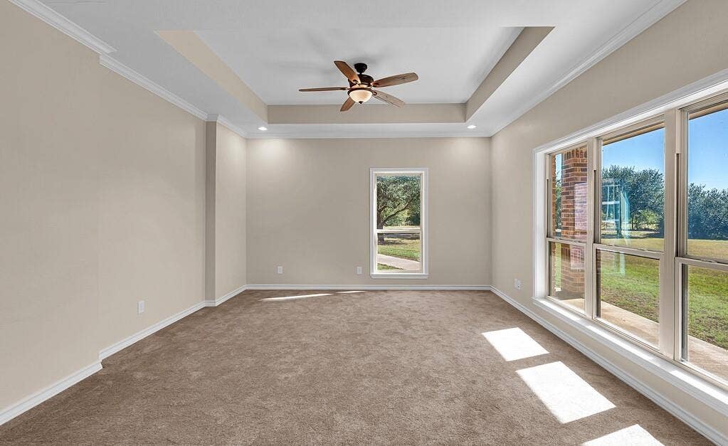 556 Wildwood Trail, Lorena, TX 76655 Empty room with a raised ceiling, ornamental molding, light carpet, and ceiling fan