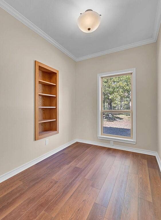 556 Wildwood Trail, Lorena, TX 76655 Spare room featuring ornamental molding, wood finished floors, and built in shelves