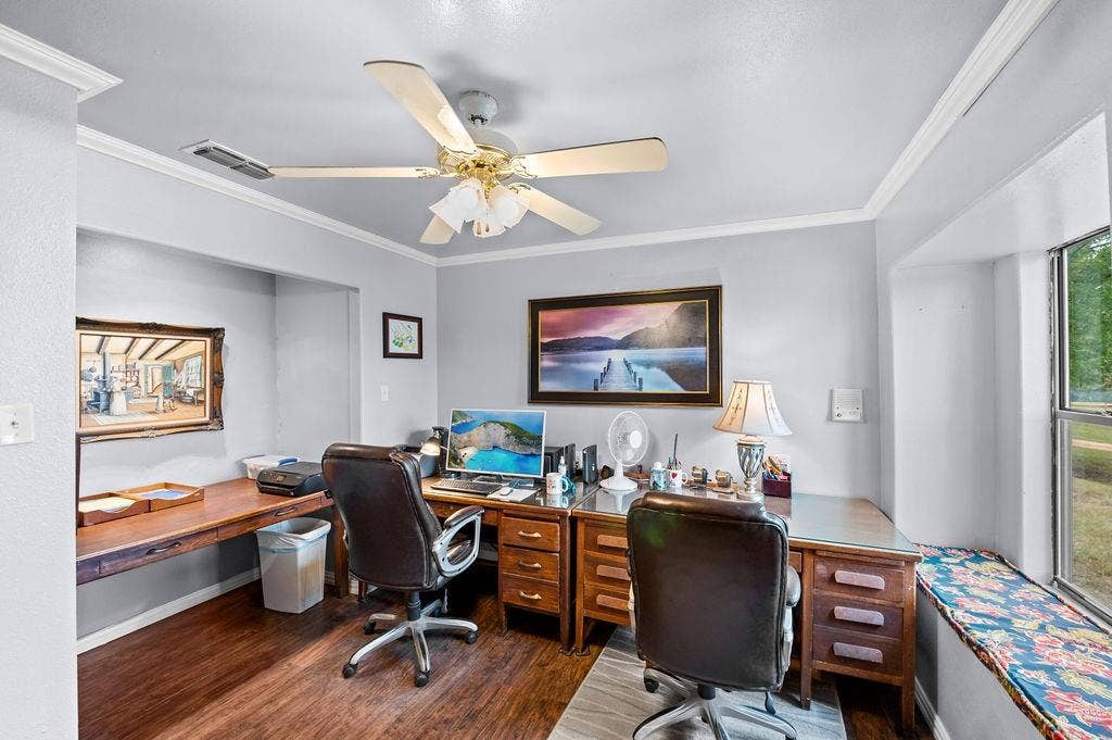 19418 CR 4125, Lindale, TX 75771 Office featuring crown molding, dark wood-style flooring, and a ceiling fan