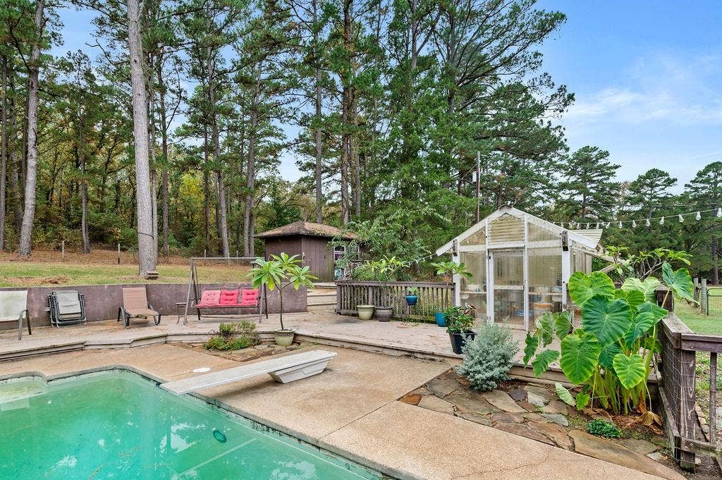 19418 CR 4125, Lindale, TX 75771 View of swimming pool with a patio, a diving board, a storage unit, a greenhouse, and view of scattered trees