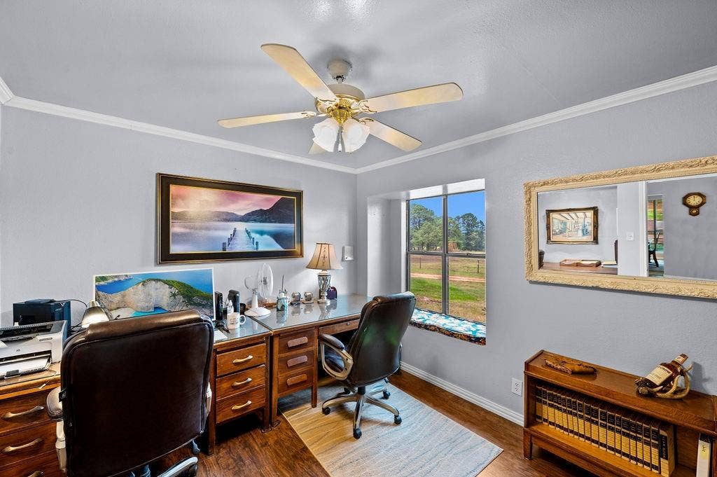 19418 CR 4125, Lindale, TX 75771 Home office with ornamental molding, dark wood finished floors, and ceiling fan