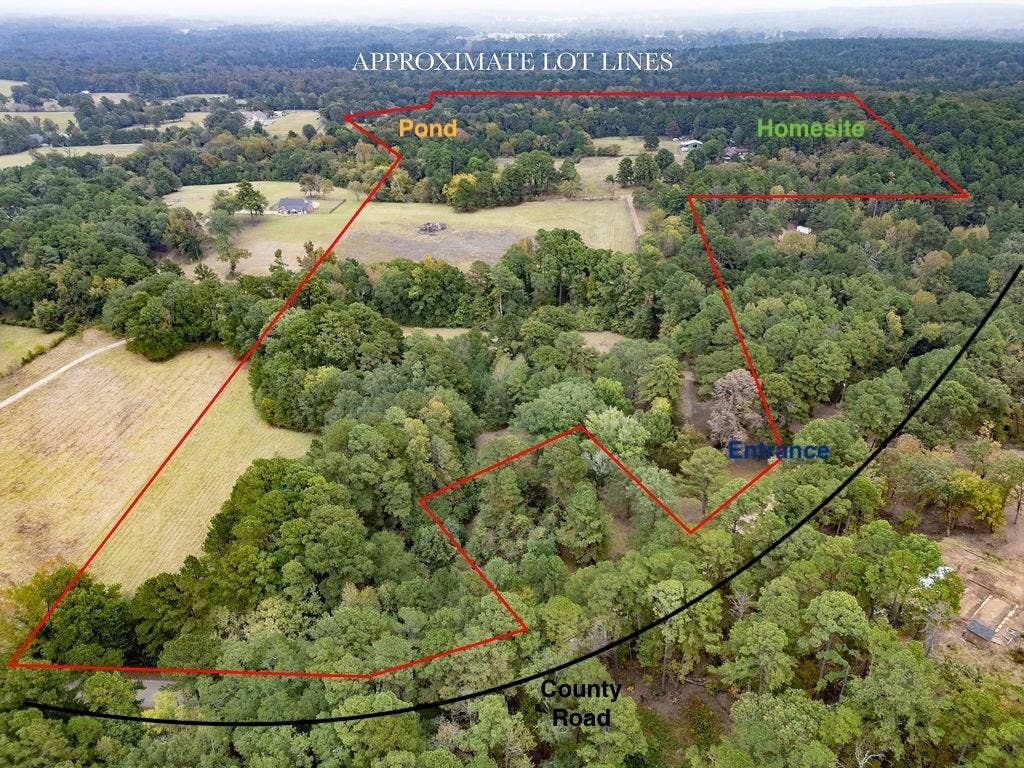 19418 CR 4125, Lindale, TX 75771 Aerial overview of property's location with a heavily wooded area and property boundaries highlighted
