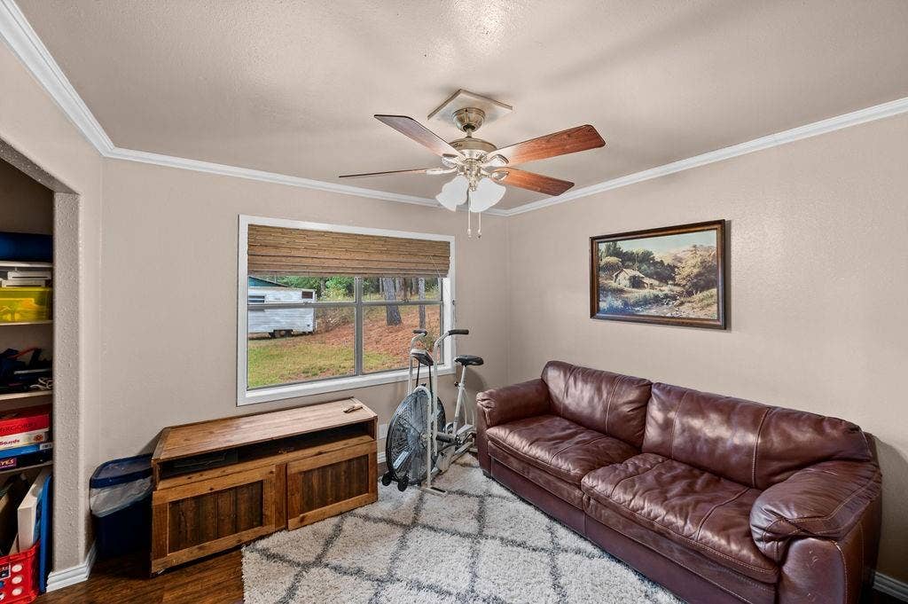 19418 CR 4125, Lindale, TX 75771 Living area with ornamental molding, wood finished floors, and ceiling fan