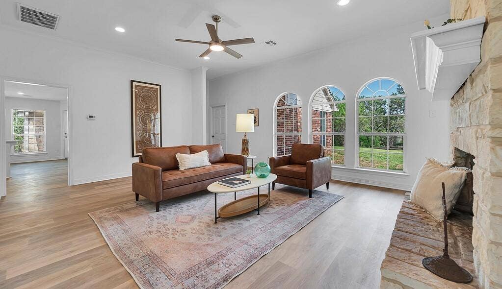 1068 Brazos Bluff Drive, China Spring, TX 76633 Living room featuring light wood-type flooring, ceiling fan, recessed lighting, and plenty of natural light