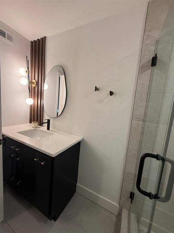 Full bath featuring vanity and a shower stall