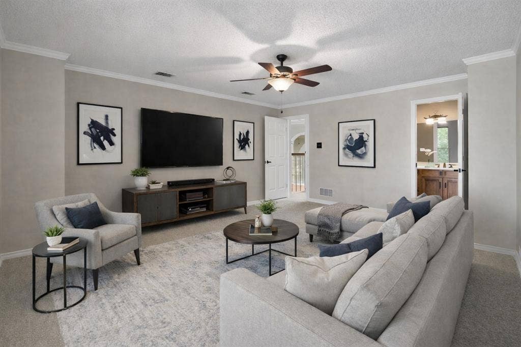 820 Windlake Circle, Heath, TX 75032 Upstairs Bedroom could be a movie or game room Virtually staged