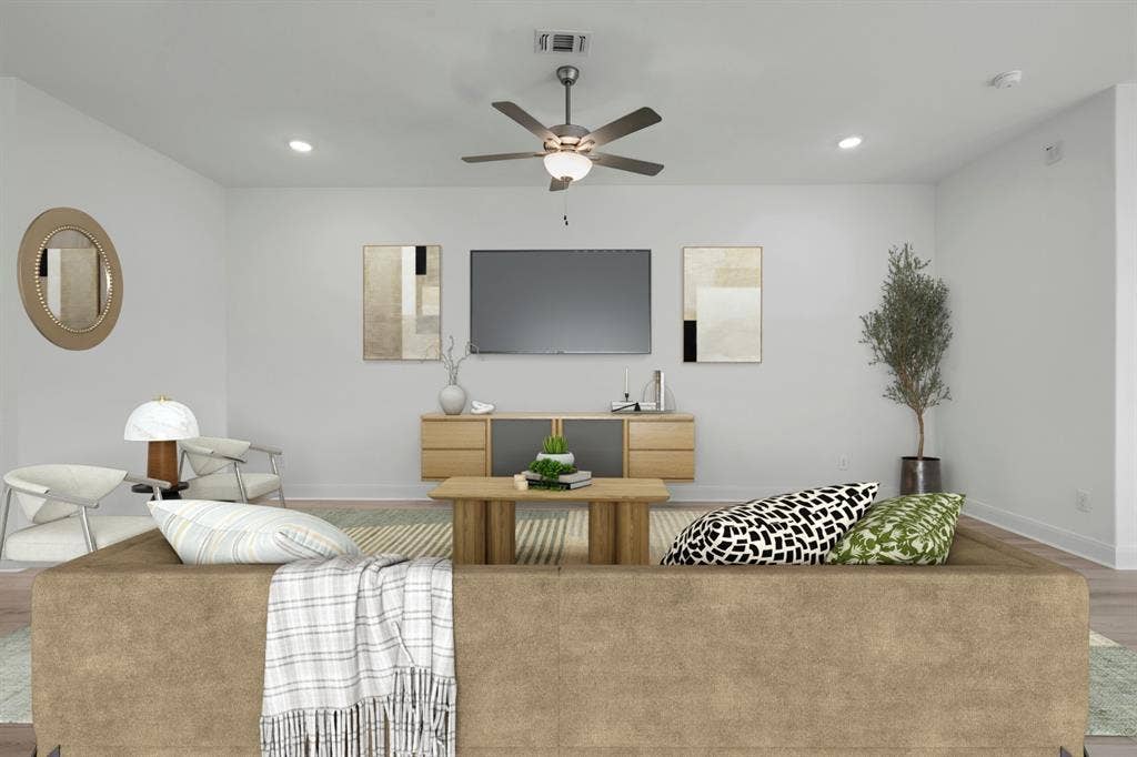 2079 Emerald Grove Lane, Arlington, TX 76005 Living area featuring wood finished floors, ceiling fan, and recessed lighting