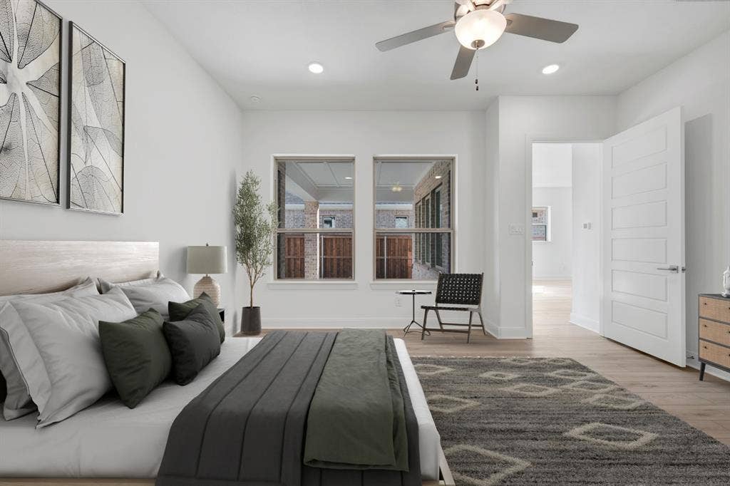2079 Emerald Grove Lane, Arlington, TX 76005 Bedroom with light wood-type flooring, a ceiling fan, and recessed lighting