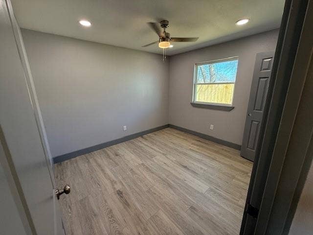 5845 Haney Drive, Watauga, TX 76148 Unfurnished bedroom with light wood finished floors, ceiling fan, and recessed lighting