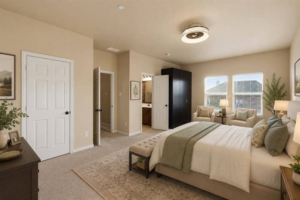 Virtually Staged Carpeted bedroom featuring multiple windows with blinds, a ceiling-mounted light fixture, and a neutral color palette