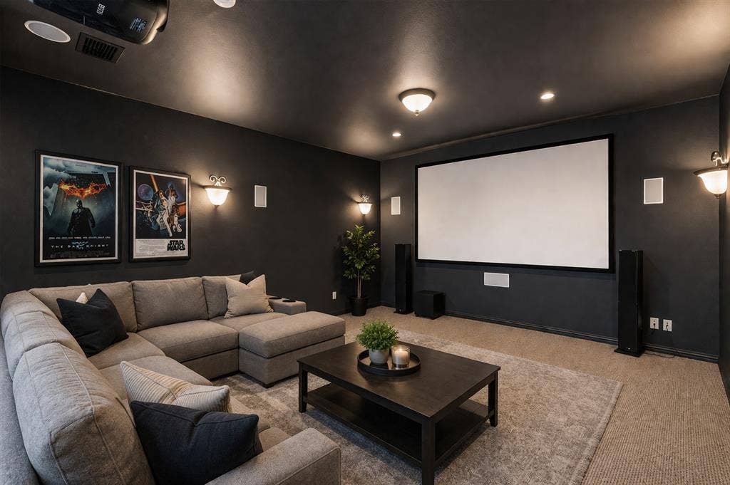 Virtually Staged dedicated media room featuring a large projection screen, dark wall finishes, wall-mounted sconces, recessed ceiling lighting, and full carpeting. Furniture has been removed