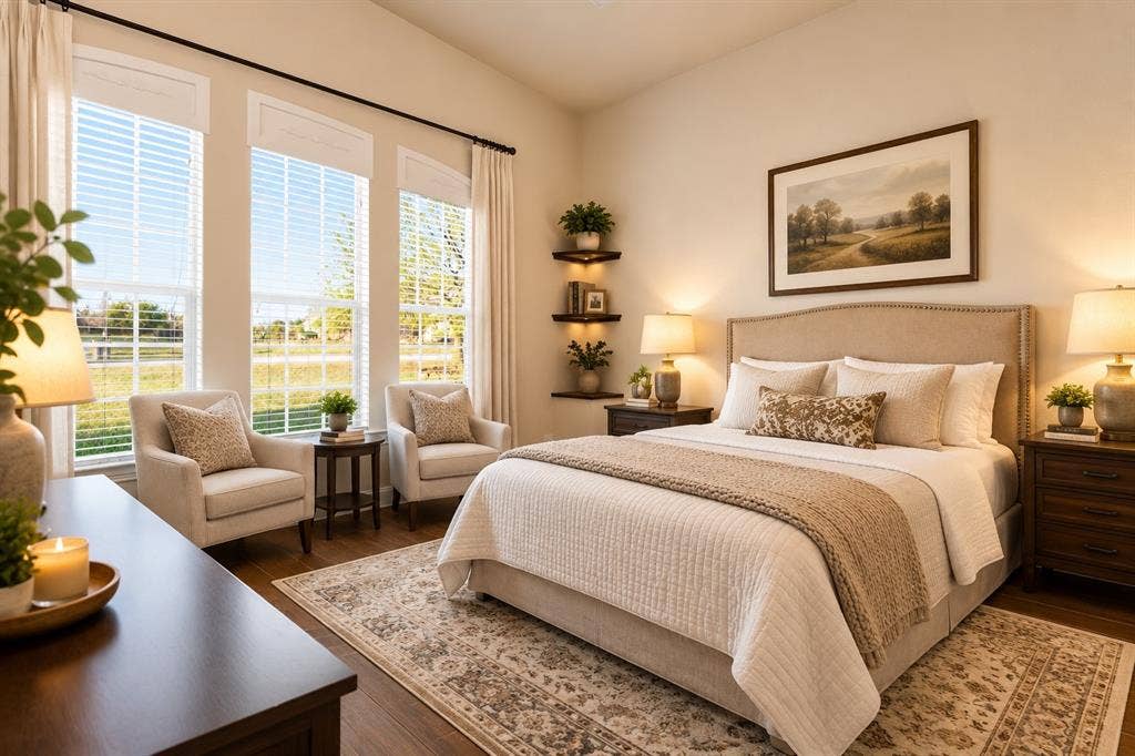 Virtuallly Staged Front Suite w/ Bath and Bedroom featuring three tall windows, a wood-finish floor, and a neutral upholstered headboard