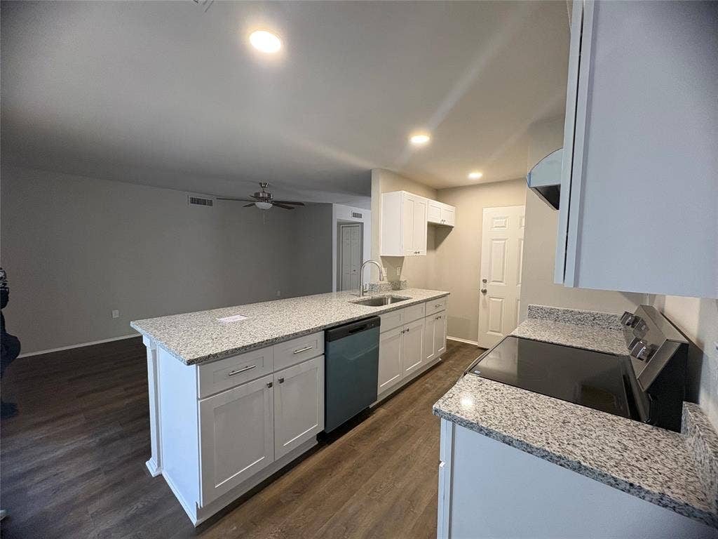 117 Yorkshire Drive, Cedar Hill, TX 75104 Kitchen featuring light stone countertops, recessed lighting, electric range oven, dark wood finished floors, and dishwasher