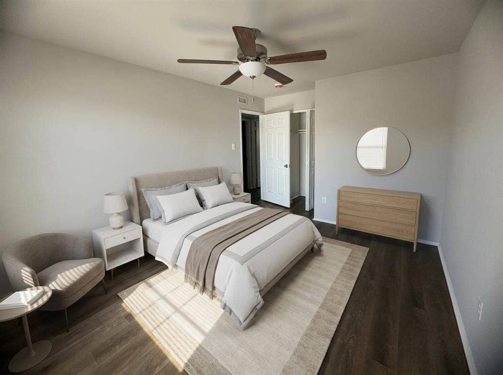 117 Yorkshire Drive, Cedar Hill, TX 75104 Bedroom with dark wood-style floors, a ceiling fan, and a closet, Virtual staging