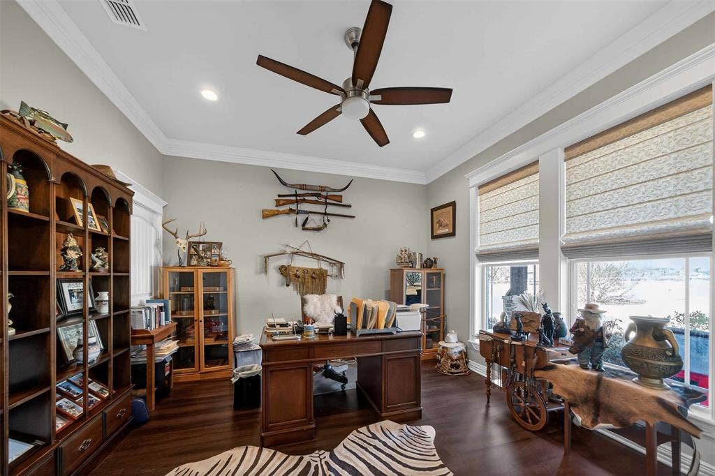 23151 Champion Drive, Lindale, TX 75771 Home office featuring ornamental molding, dark wood-style flooring, recessed lighting, and ceiling fan
