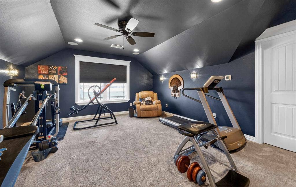 23151 Champion Drive, Lindale, TX 75771 Workout area with carpet flooring, a ceiling fan, and recessed lighting