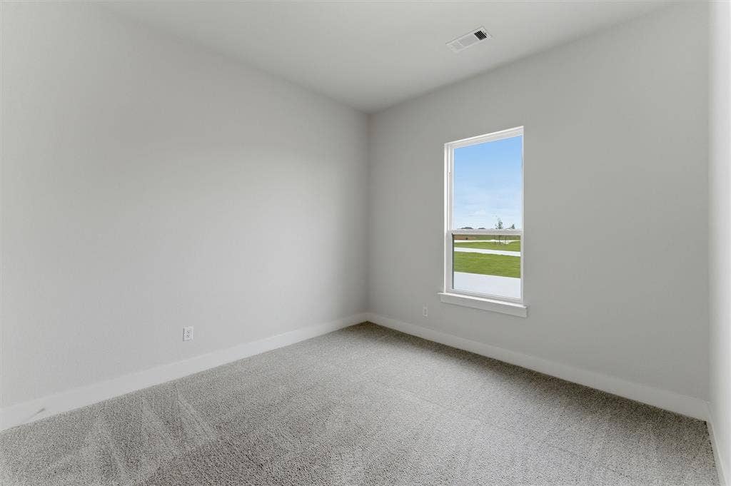 2204 Continent Court, Krum, TX 76249 Room with light gray walls, gray carpet, white baseboards, and a single window with white trim, featuring an exterior view of a green landscape under a blue sky