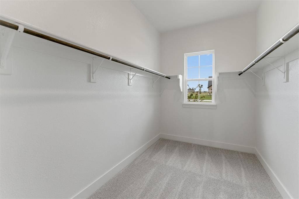 2204 Continent Court, Krum, TX 76249 Walk-in closet with window, light gray carpet, white baseboards, and built-in shelving with hanging rods