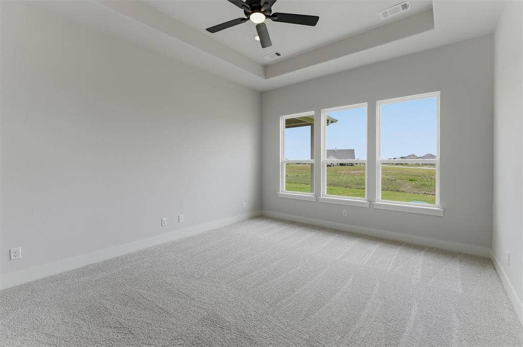 2204 Continent Court, Krum, TX 76249 Expansive room featuring a tray ceiling with a black ceiling fan, light gray carpeting, and three large windows overlooking open green space