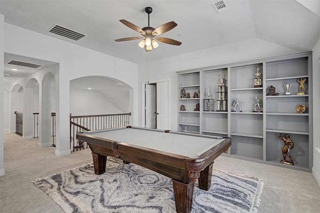3409 Florence Drive, Corinth, TX 76210 Rec room featuring billiards table, light colored carpet, and ceiling fan