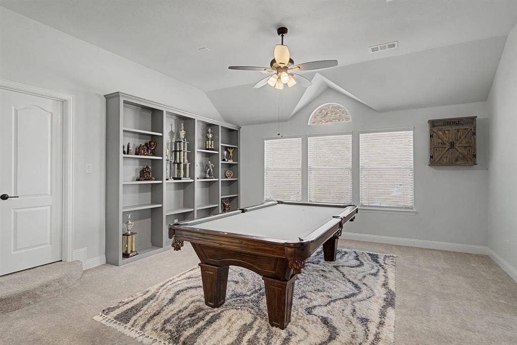 3409 Florence Drive, Corinth, TX 76210 Rec room featuring a ceiling fan, pool table, vaulted ceiling, and carpet