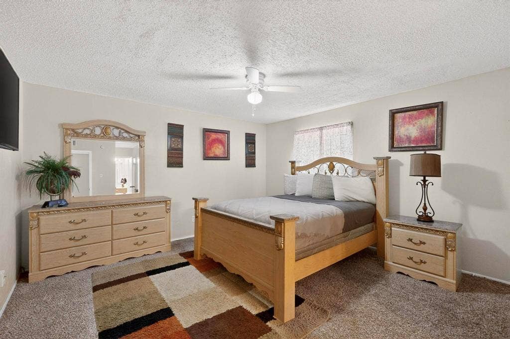 2315 Blue Sage Lane, Arlington, TX 76014 Bedroom featuring dark colored carpet, a textured ceiling, and ceiling fan
