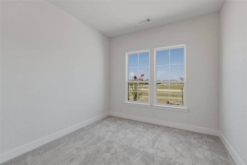 12117 Clastic Court, Krum, TX 76249 Room featuring two large windows with white trim, light gray wall paint, gray carpet, and white baseboards