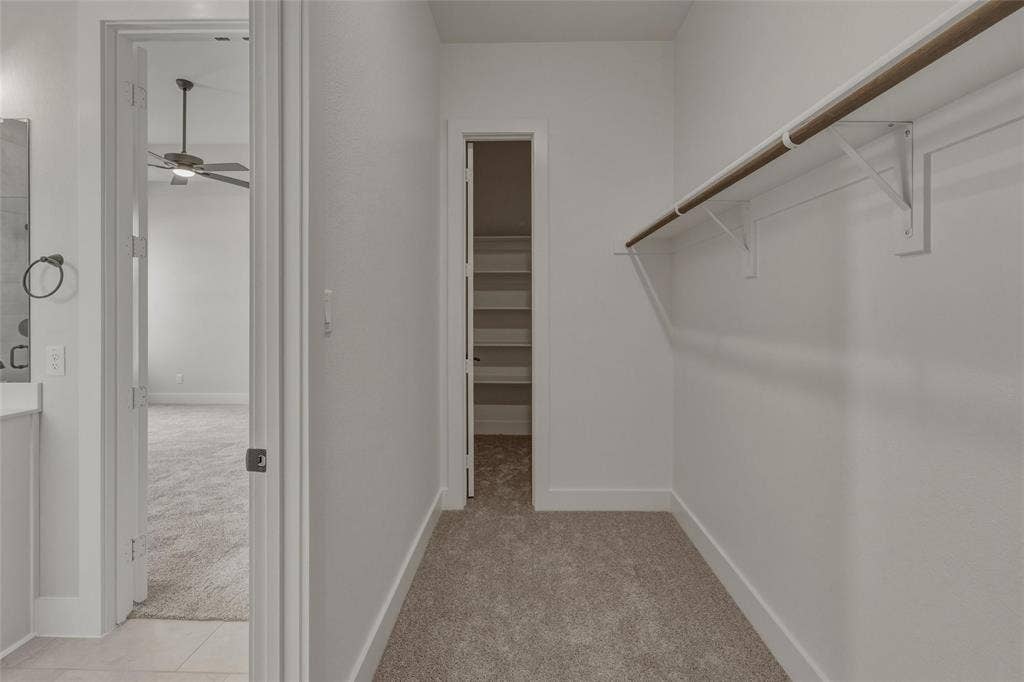 12117 Clastic Court, Krum, TX 76249 Walk-in closet featuring a single hanging rod, upper shelf, and neutral carpet