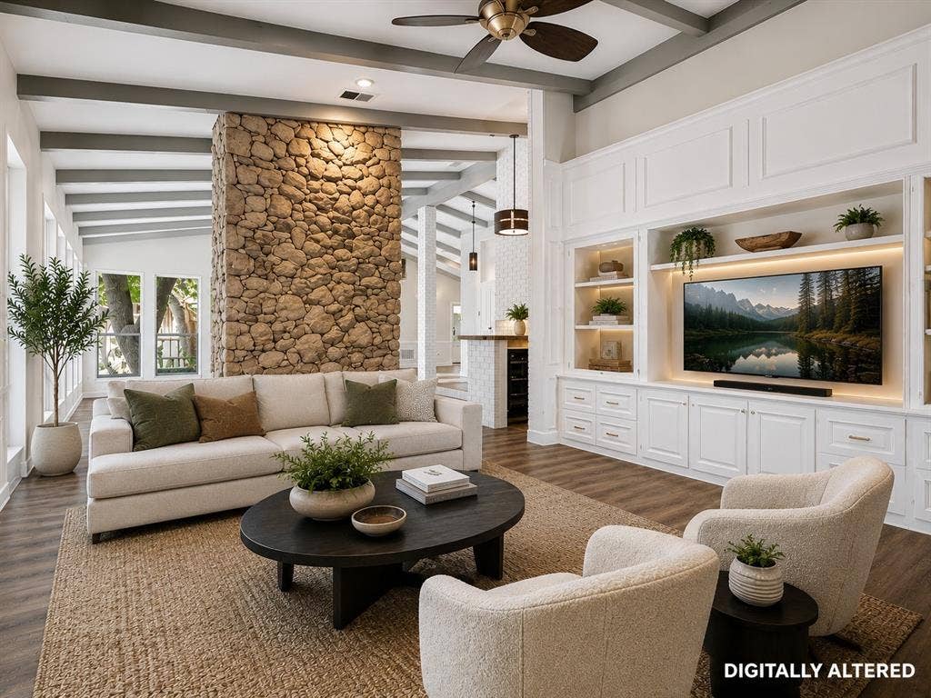 108 Wellesley Drive, Irving, TX 75062 Living area featuring a stone accent wall, wood-finish flooring, and exposed ceiling beams - Virtual Staging