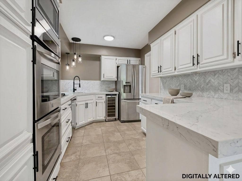 108 Wellesley Drive, Irving, TX 75062 Virtual Staging -Updated countertops and backsplash Kitchen featuring white shaker cabinetry, stainless steel appliances, light-colored countertops, and tile flooring.