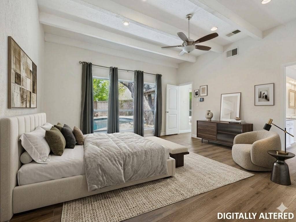 108 Wellesley Drive, Irving, TX 75062 Vaulted ceiling room featuring wood-finish flooring, recessed lighting, and a ceiling fan