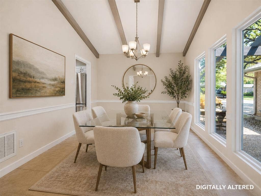 108 Wellesley Drive, Irving, TX 75062 Vaulted ceiling with exposed beams and central chandelier