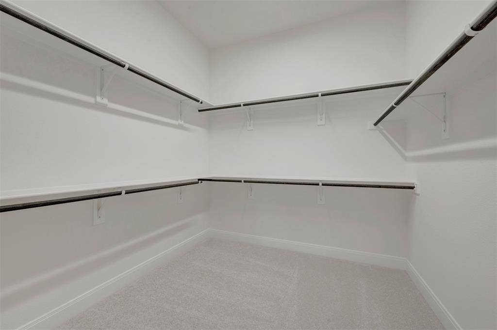 Spacious walk-in closet featuring light gray carpeting, white walls, multiple built-in shelving units, and metal hanging rods