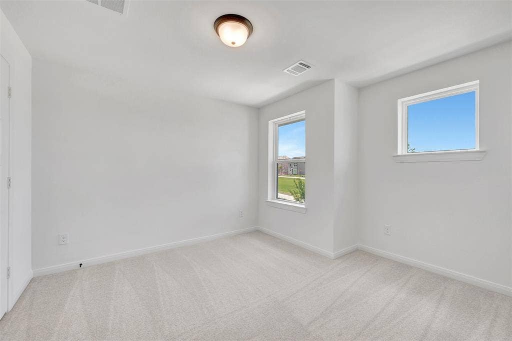 4721 Vizsla Lane, McKinney, TX 75071 Interior room featuring two windows, light gray carpet, white walls, and a ceiling-mounted light fixture