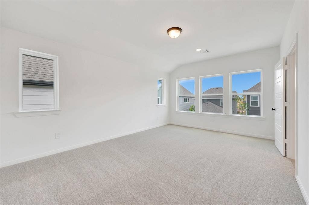 4721 Vizsla Lane, McKinney, TX 75071 Spacious room featuring light-colored carpeting, multiple white-framed windows, a white paneled door with black hardware, a flush-mount ceiling light fixture, and recessed lighting
