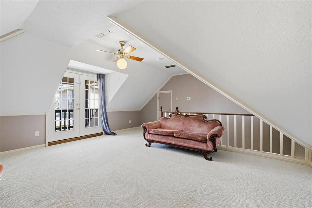 Game room with ceiling fan, carpet floors, and french doors
