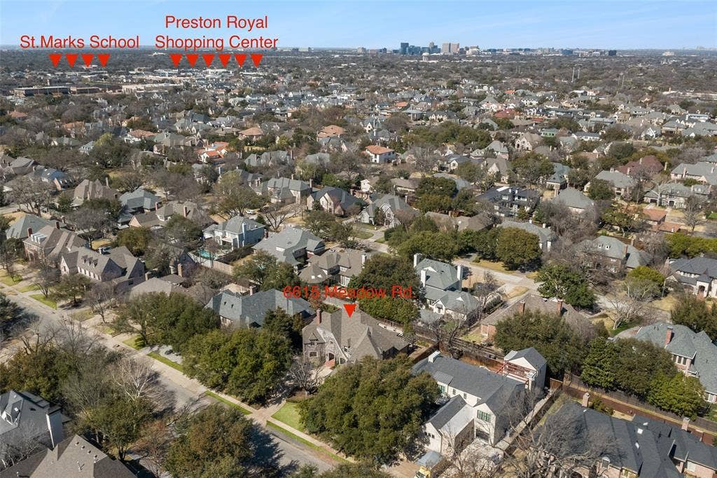 6615 Meadow Road, Dallas, TX 75230 Aerial view shows the close proximity to St Marks, and all shopping at Preston and Royal, including Central Market, Tom Thumb, Ballard Design, Sephora, Frontgate, Tyler's and many popular dining options.
