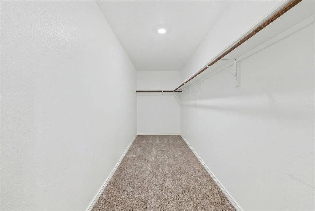 653 Bunker Hill Road, Fate, TX 75189 Spacious walk-in closet featuring light beige carpet flooring, multiple clothing rods, and recessed ceiling lighting