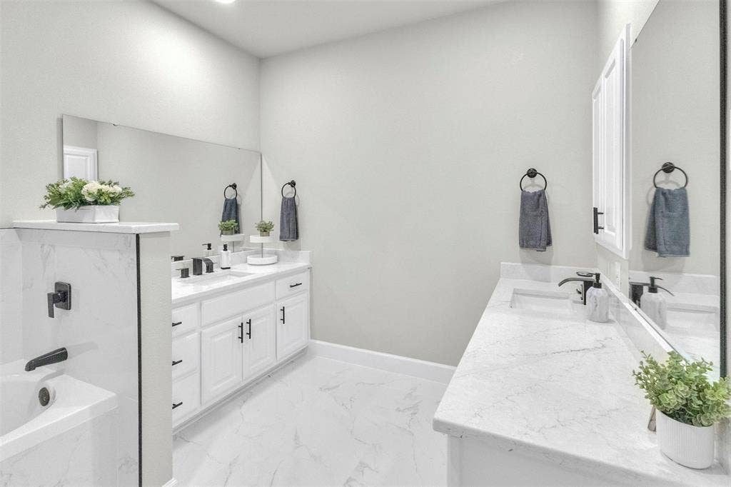 3415 Fm 3211, Caddo Mills, TX 75135 Full bath featuring a bath, two vanities, recessed lighting, and light marble finish flooring