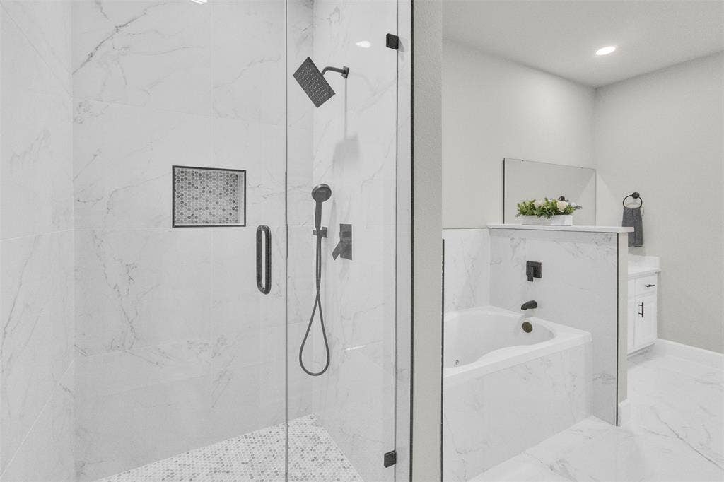 3415 Fm 3211, Caddo Mills, TX 75135 Full bath with a marble finish shower, a bath, vanity, light marble finish flooring, and recessed lighting