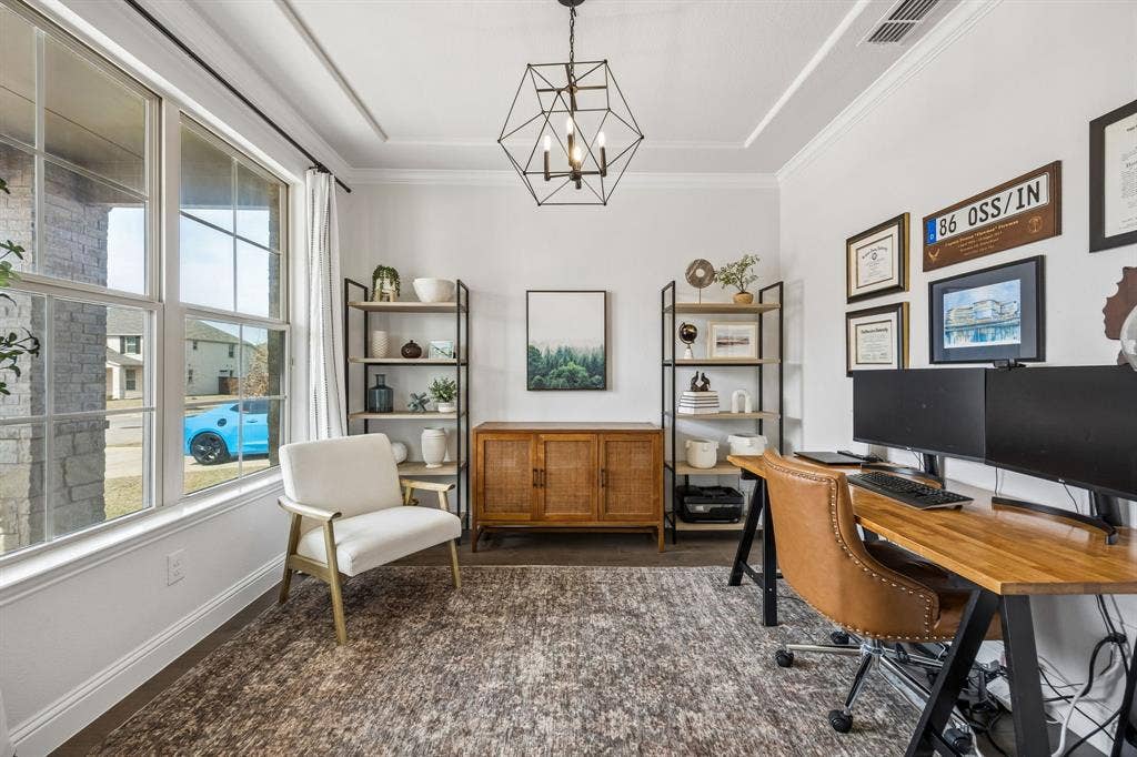 13674 Carmenita Drive, Frisco, TX 75035 Home office featuring hanging lights and baseboards
