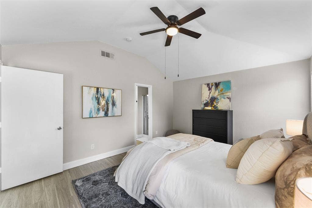 2408 Castle Ridge Drive, McKinney, TX 75071 Bedroom with wood finished floors and ceiling fan