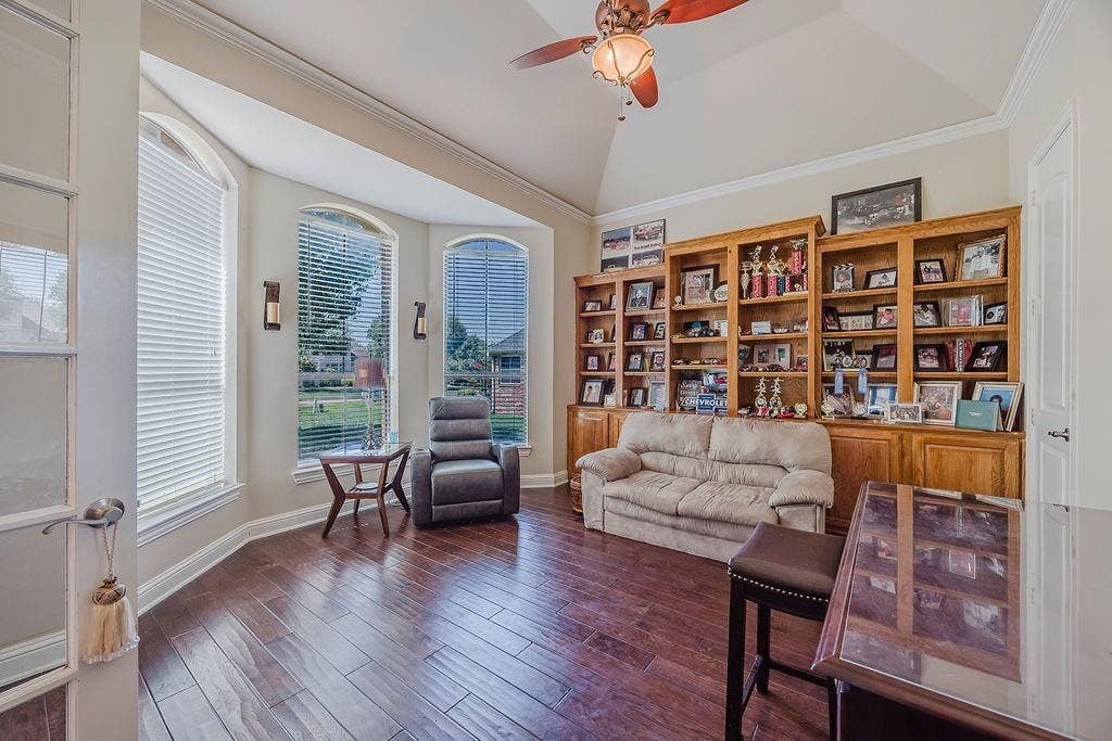 1011 Parview Circle, Grand Prairie, TX 75104 Office featuring ceiling fan, ornamental molding, dark wood-style flooring, and vaulted ceiling