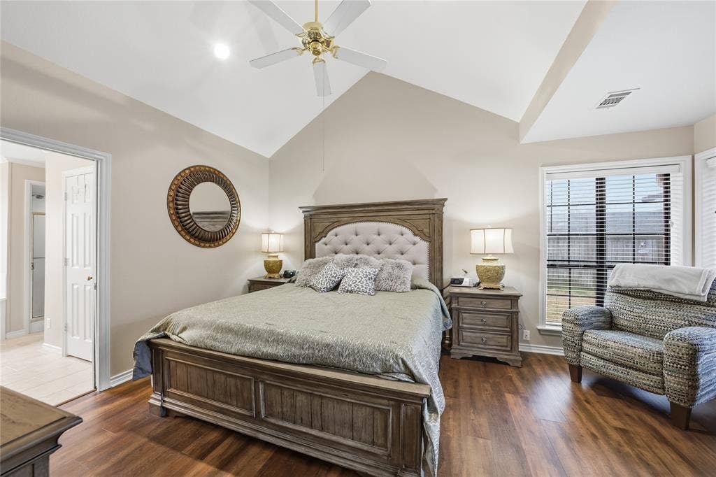 820 Torribrooke Lane, Athens, TX 75751 Bedroom with lofted ceiling, dark wood-type flooring, and ceiling fan
