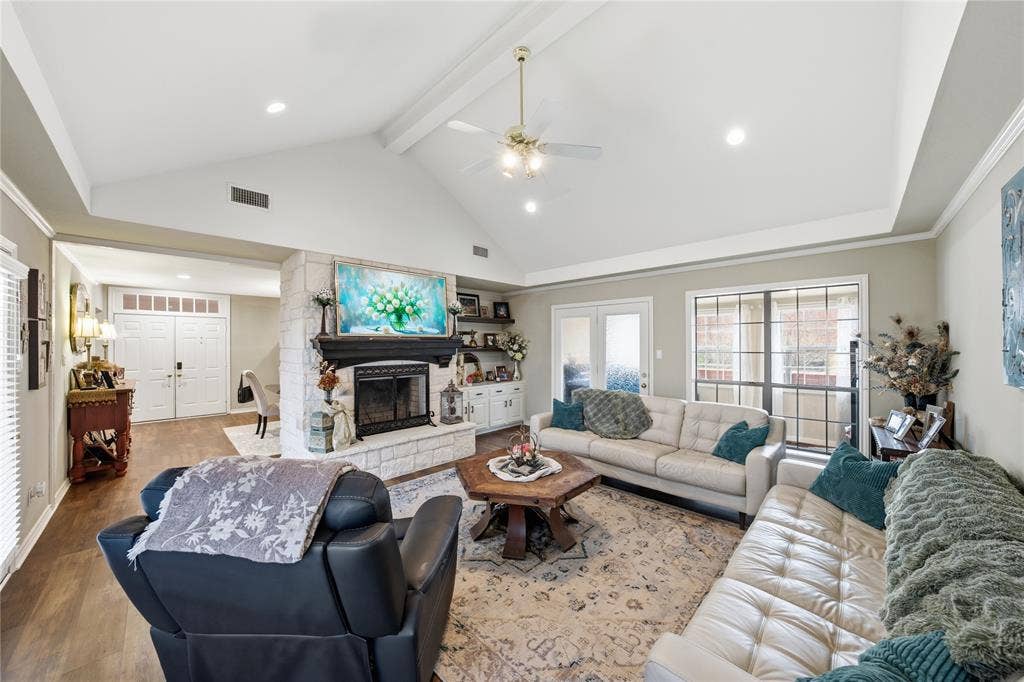 820 Torribrooke Lane, Athens, TX 75751 Living room featuring ceiling fan, wood finished floors, a stone fireplace, and recessed lighting