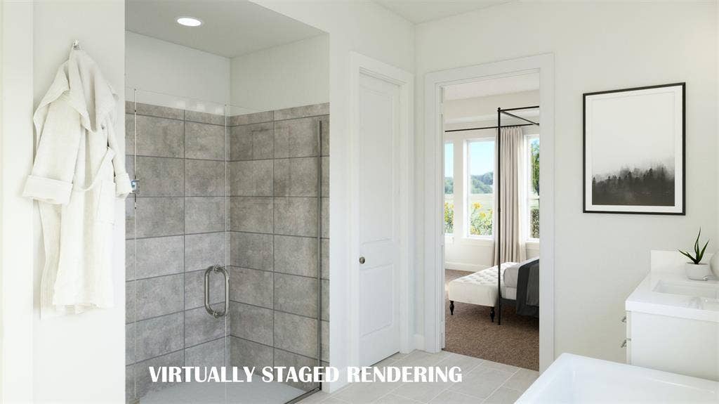 8763 Battlement Road, Frisco, TX 75035 The oversized, walk in shower in your new owner's bath is the perfect place to start or end your day. VIRTUALLY STAGED RENDERING