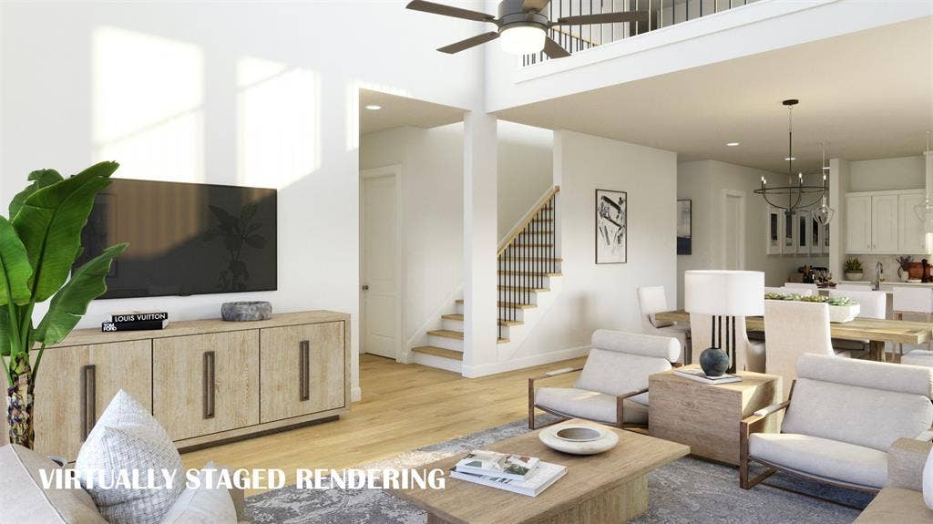 8763 Battlement Road, Frisco, TX 75035 With the main floor family room open to the upstairs game room, you can enjoy entertaining on multiple levels! VIRTUALLY STAGED RENDERING