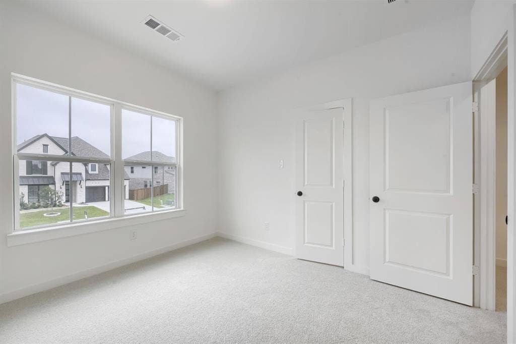 733 Red Cedar Road, Haslet, TX 76052 Bright room featuring light gray carpeting, a large multipane window, white trim, two white two-panel doors with black hardware, and an overhead ventilation register