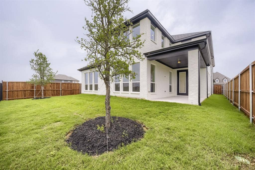 733 Red Cedar Road, Haslet, TX 76052 Spacious backyard featuring a covered patio, multiple large windows, a newly installed wood fence, and two young trees