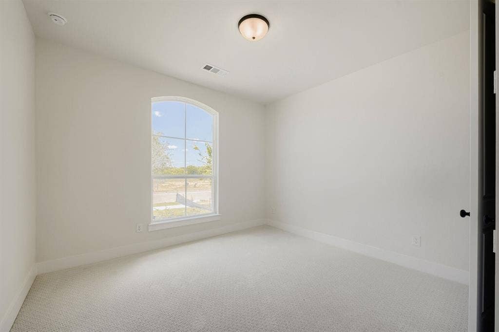 1241 Greenbriar Avenue, Haslet, TX 76052 Light-filled room featuring an arched window, neutral wall paint, and plush carpet flooring